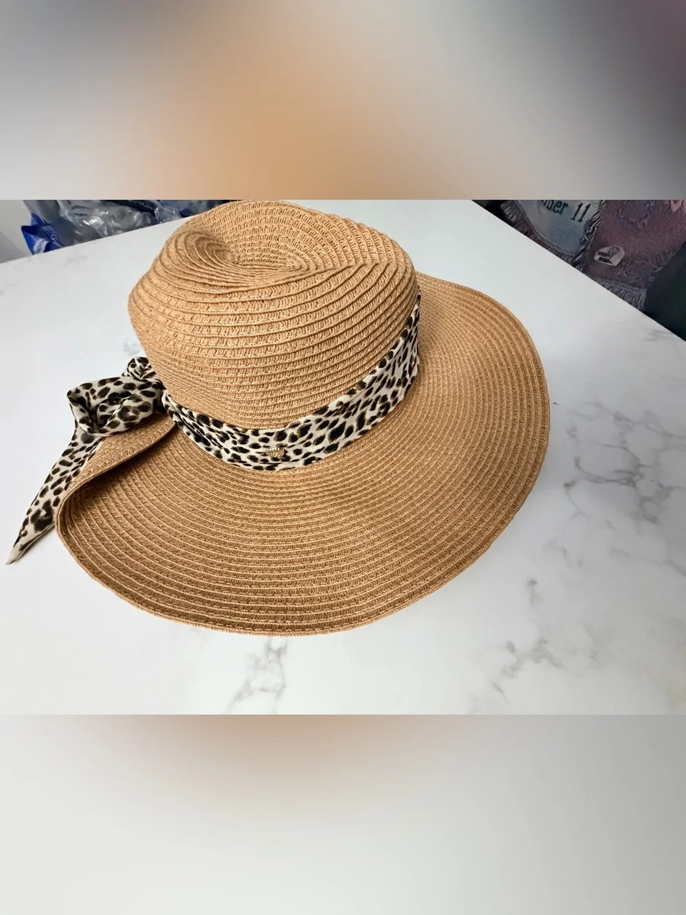 Vince Camuto Tan Straw Sun Hat with Leopard-Print Scarf